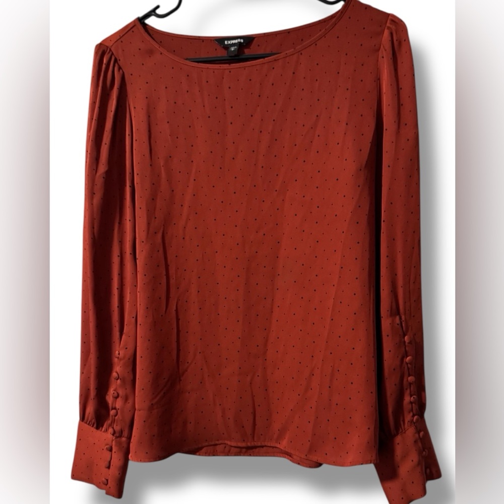 Express Rust Red Polka Dot Blouse Size S – Long Sleeve Button Cuff Top